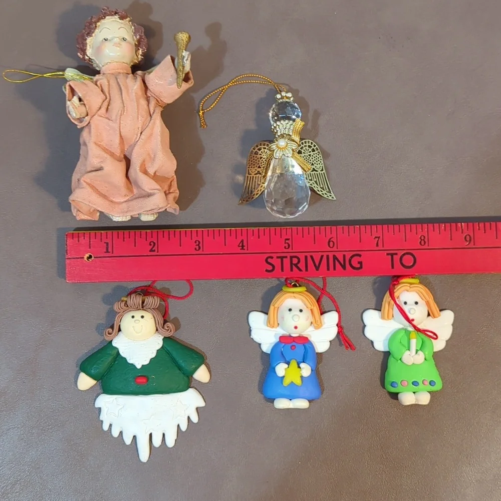 Angel 5 lot Ornaments Clay Girls Crystal cut Paper mache